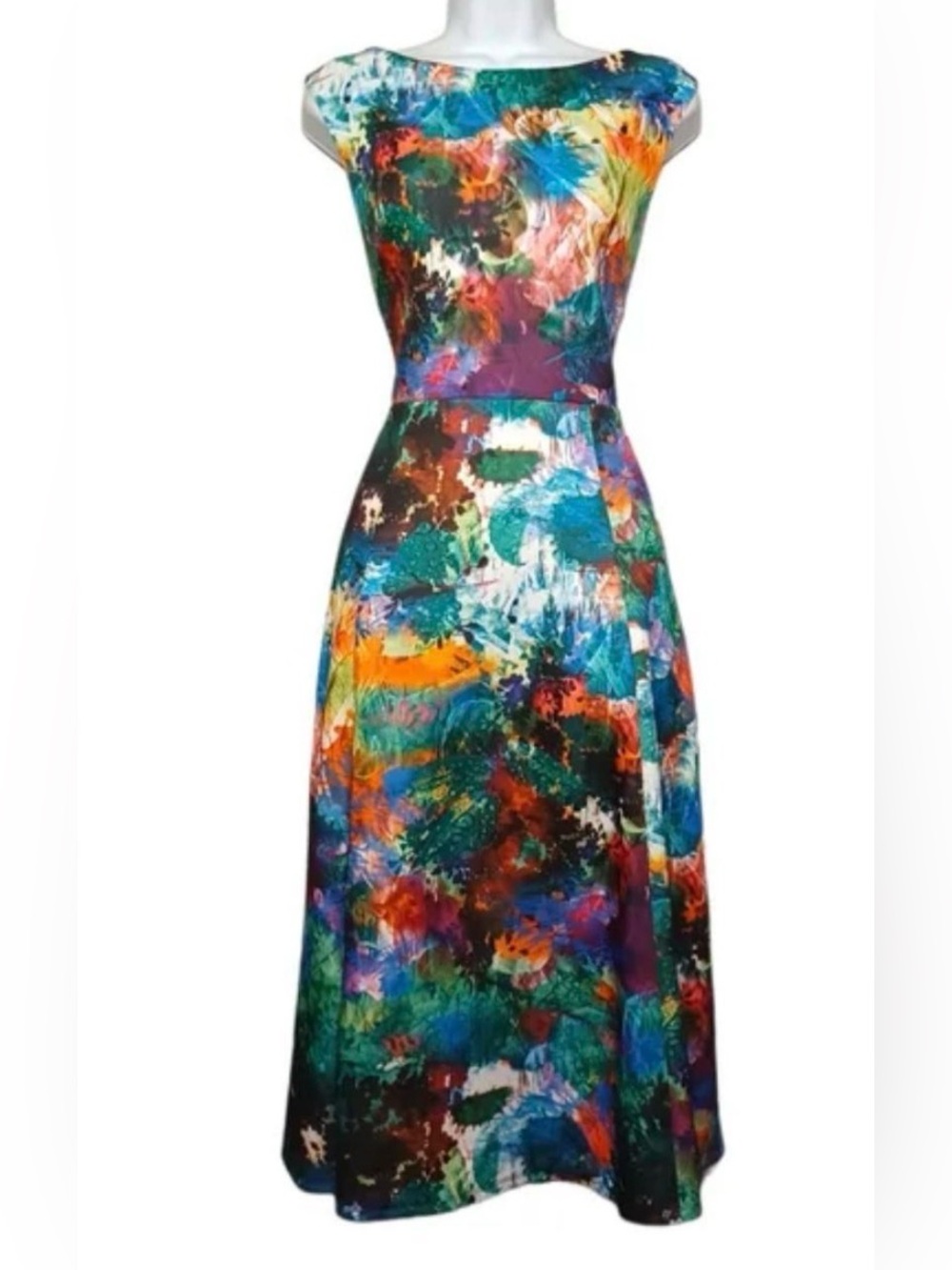Betsey Johnson Multicolor Watercolor Print Fit & Flare Midi Dress Pockets Size 4